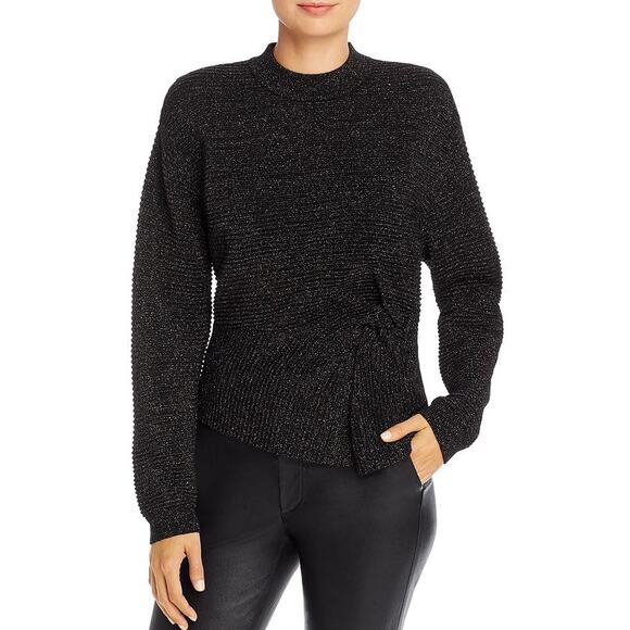 MICHELLE MASON Metallic Twist Ribbed Sweater Navy Asymmetric Hem Women's P/US 2 - Picture 2 of 13